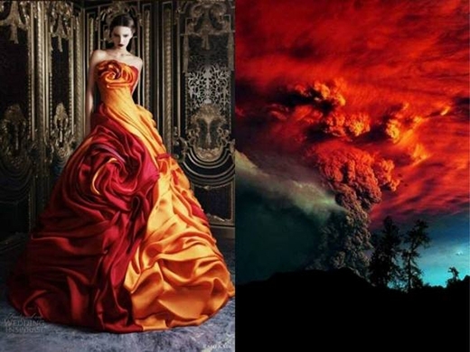 
	
	Những đám mây núi lửa cuộn trào trong thiết kế váy cưới cao cấp với tone màu đỏ, cam, vàng loang màu đặc trưng cùng họa tiết hoa hồng tạo hình 3D sống động.
